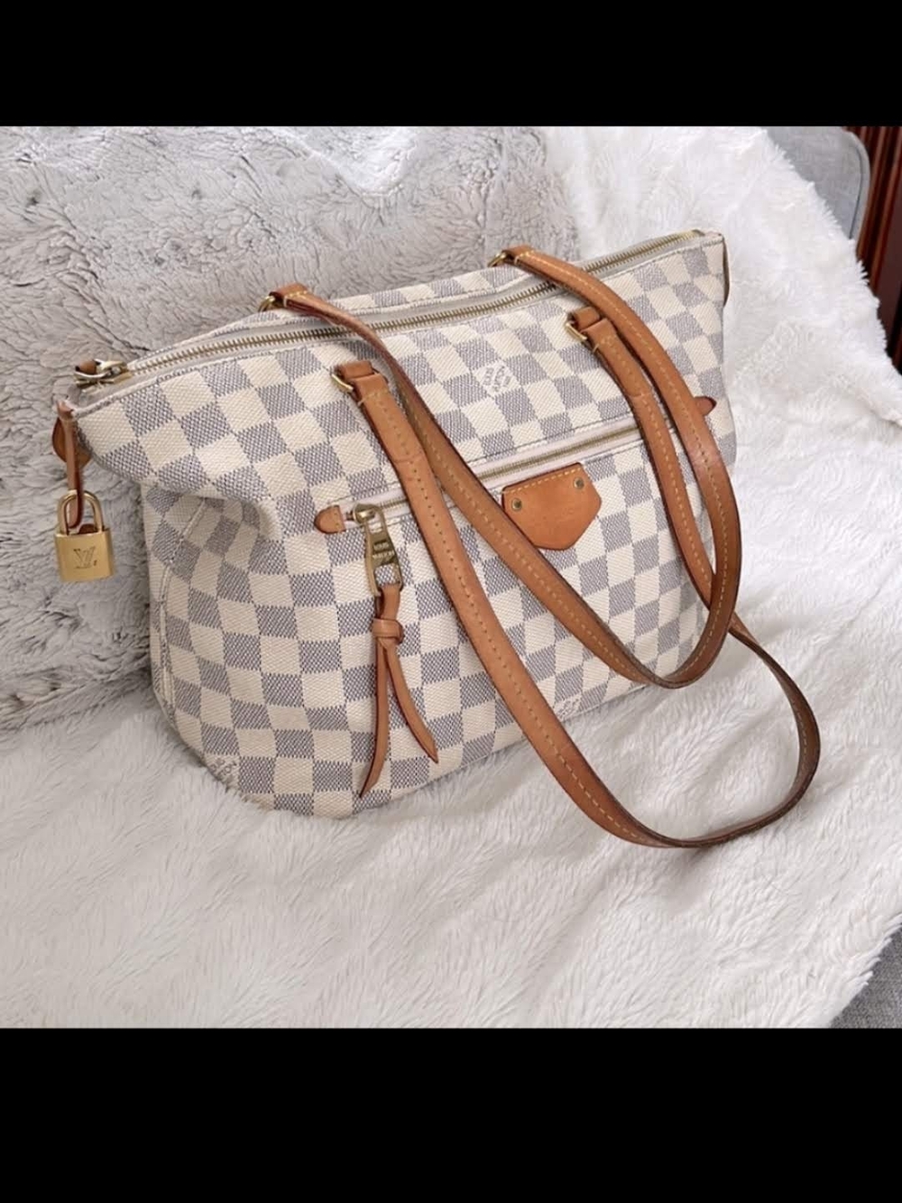 Louis Vuitton Cream Checkered Tote with Tan Leather Trim